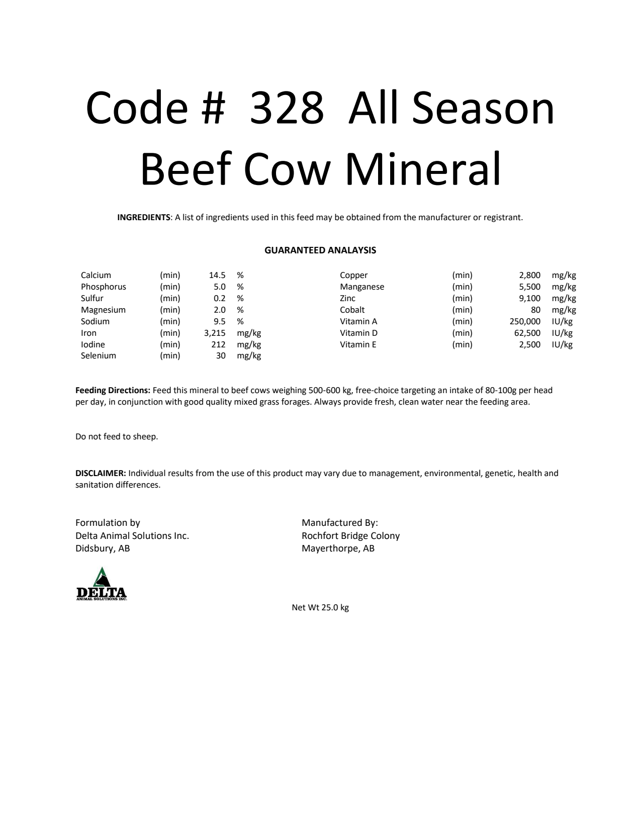 Code #328 All Season Beef Cow Mineral