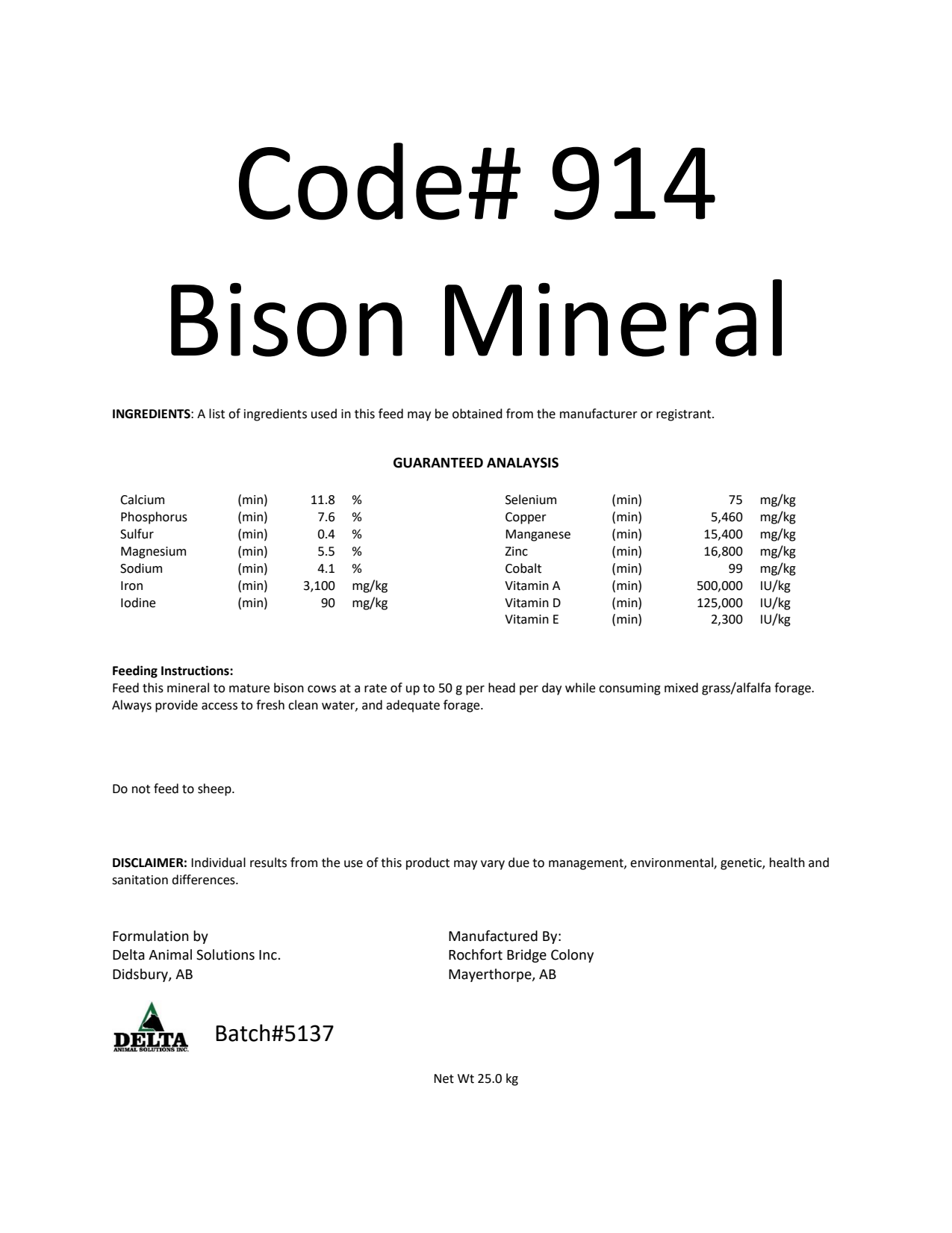 Code #914 Bison Mineral
