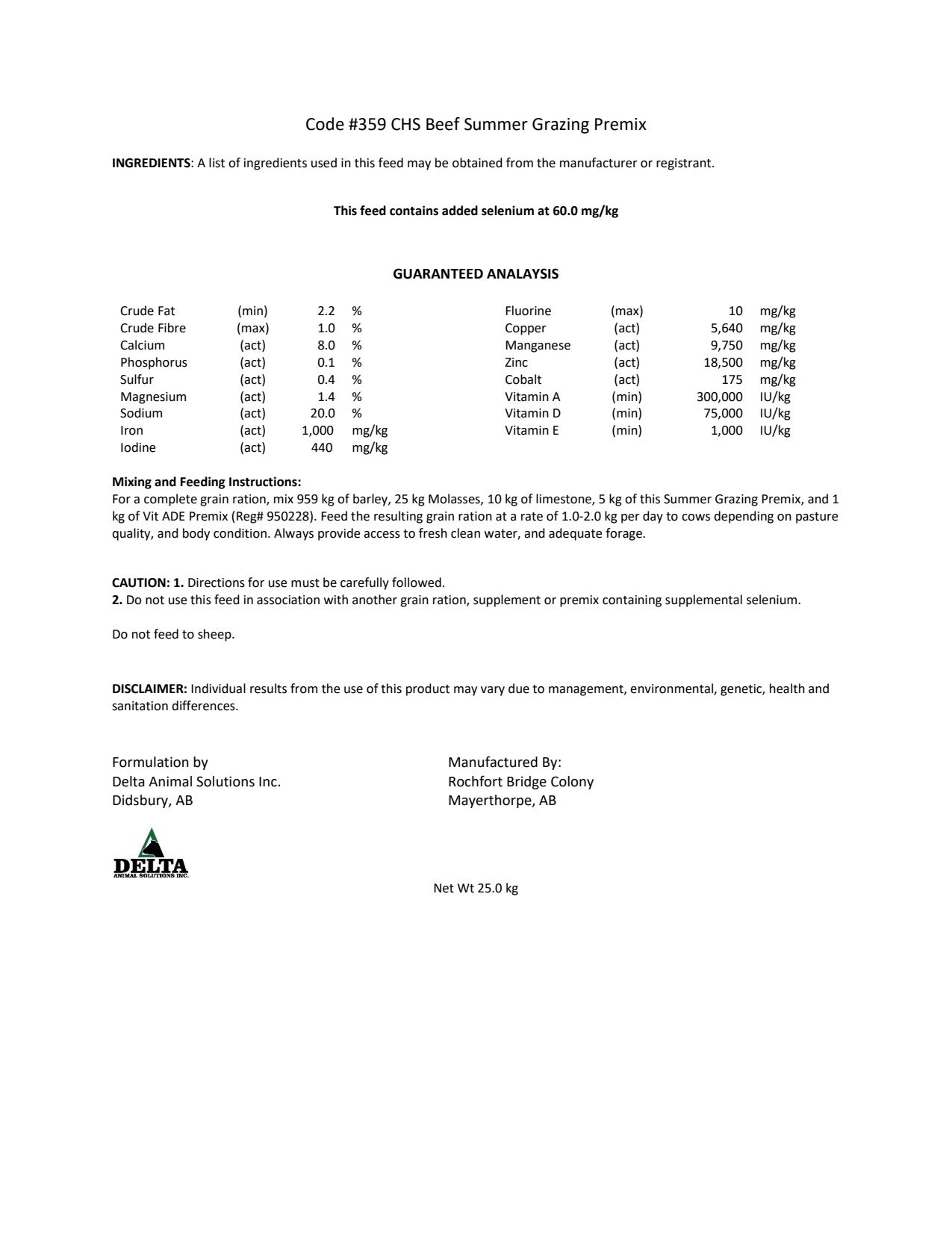 Code #359 CHS Beef Summer Grazing Premix
