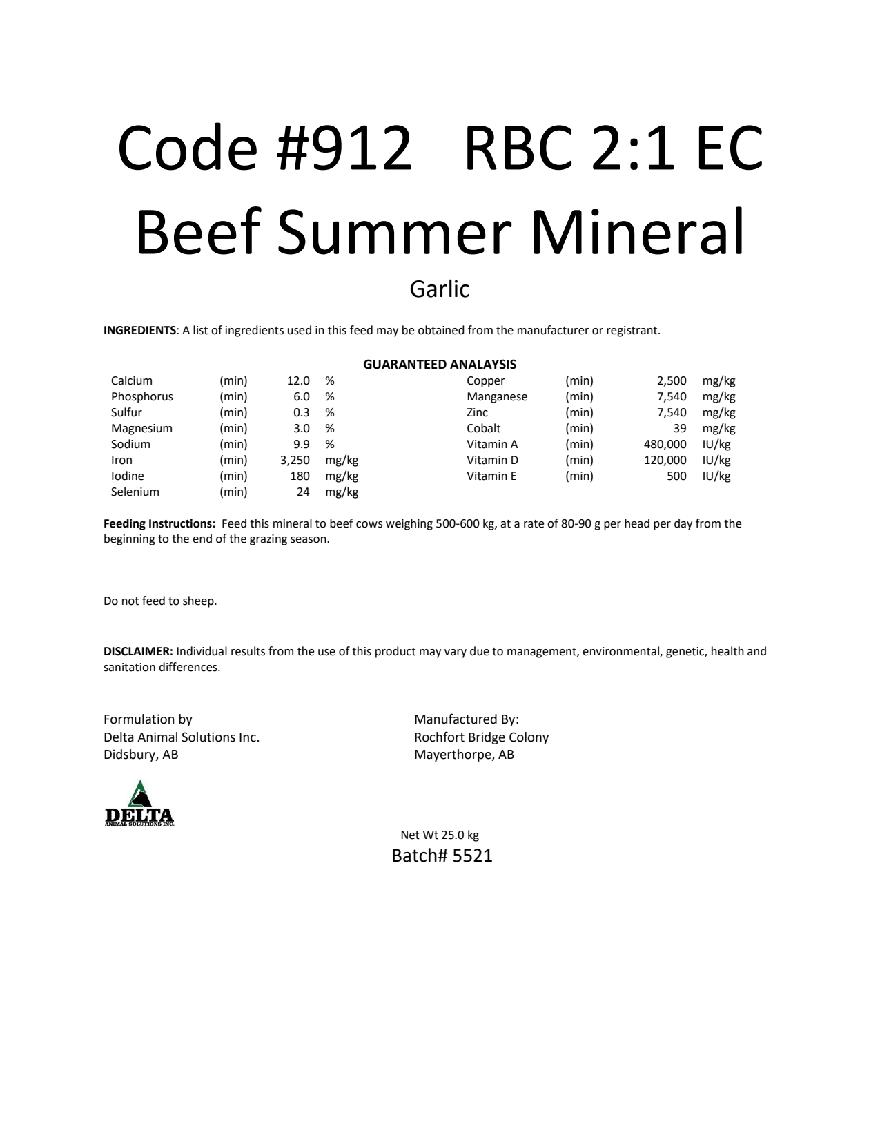 Code #912 RBC 2:1 EC Beef Summer Mineral