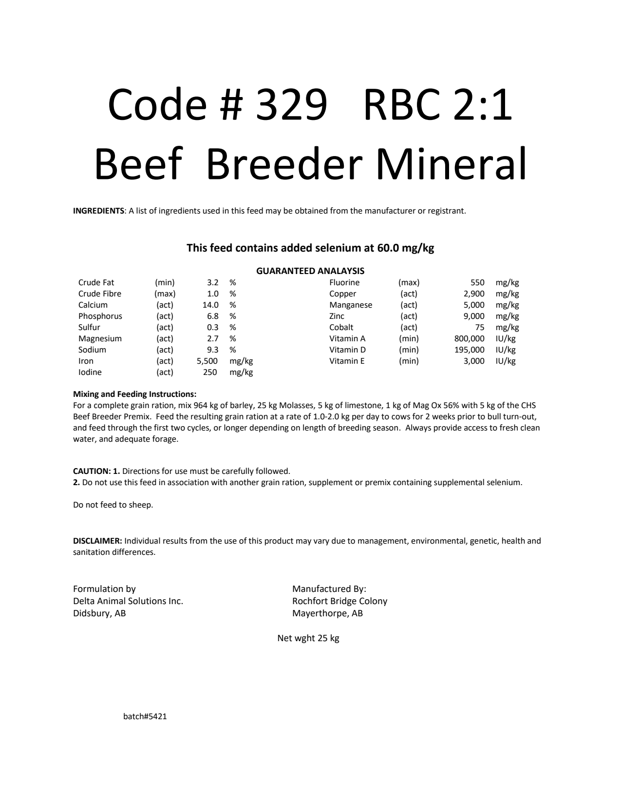 Code #329 RBC 2:1 Beef Breeder Mineral
