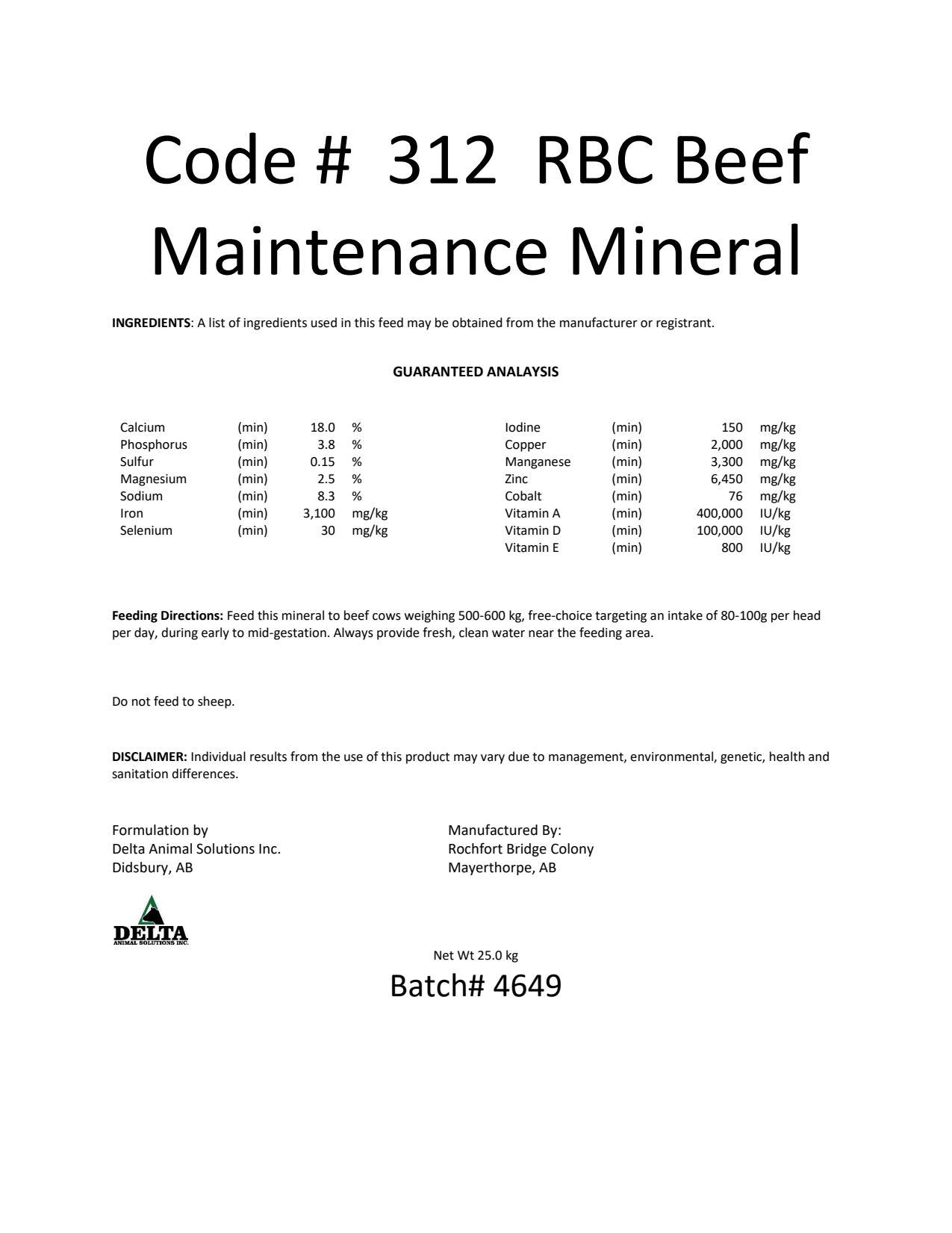 Code #312 RBC Beef Maintenance Mineral