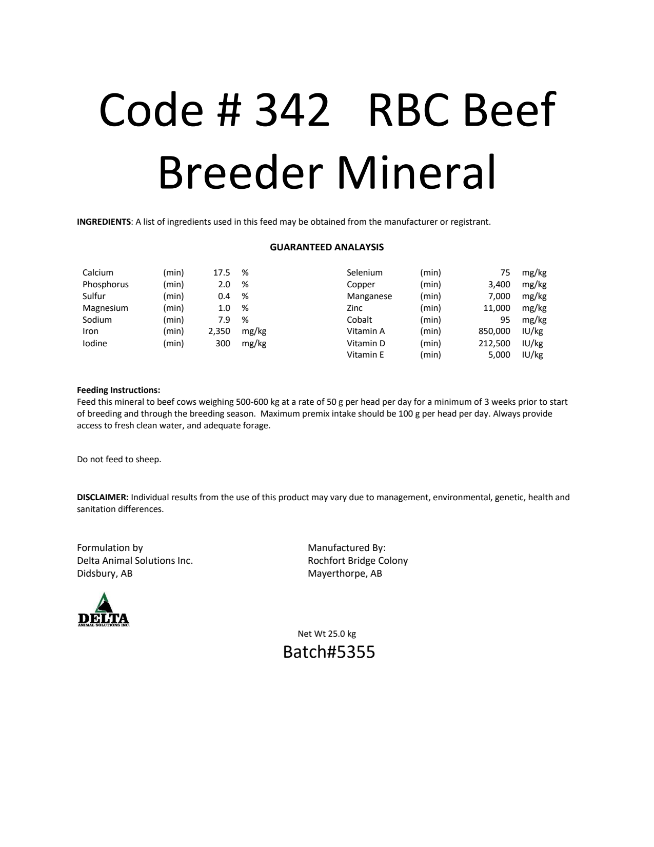 Code #342 RBC Beef Breeder Mineral