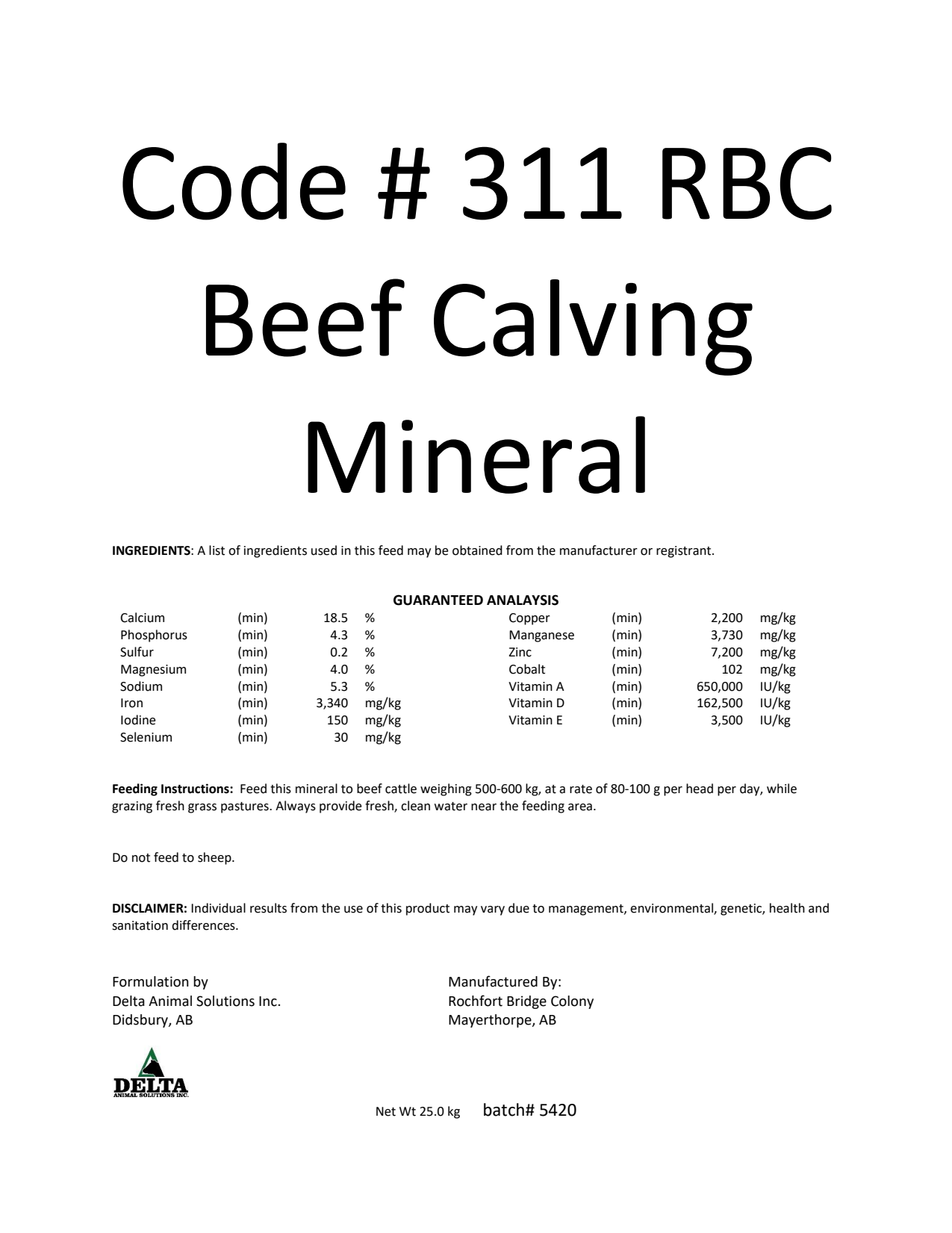 Code #311 RBC Beef Calving Mineral