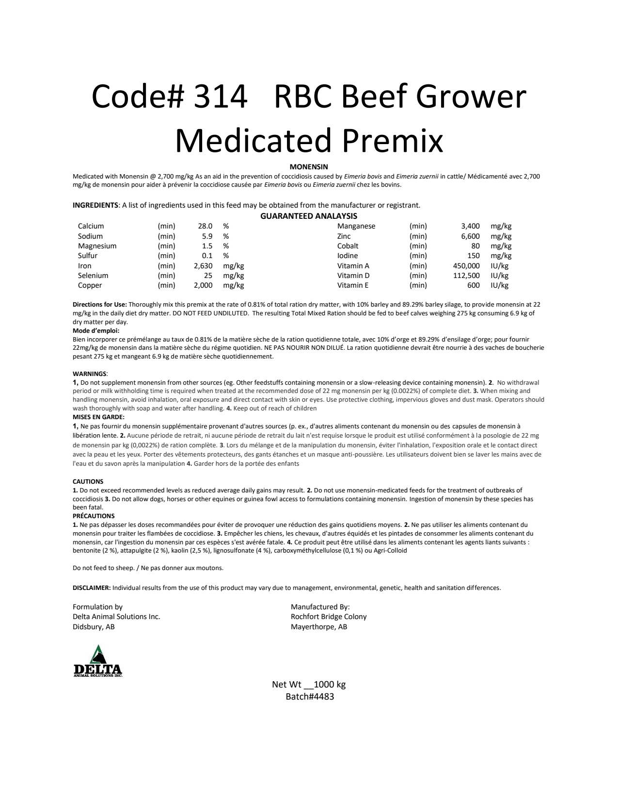 Code #314 RBC Beef Grower Medicated Premix