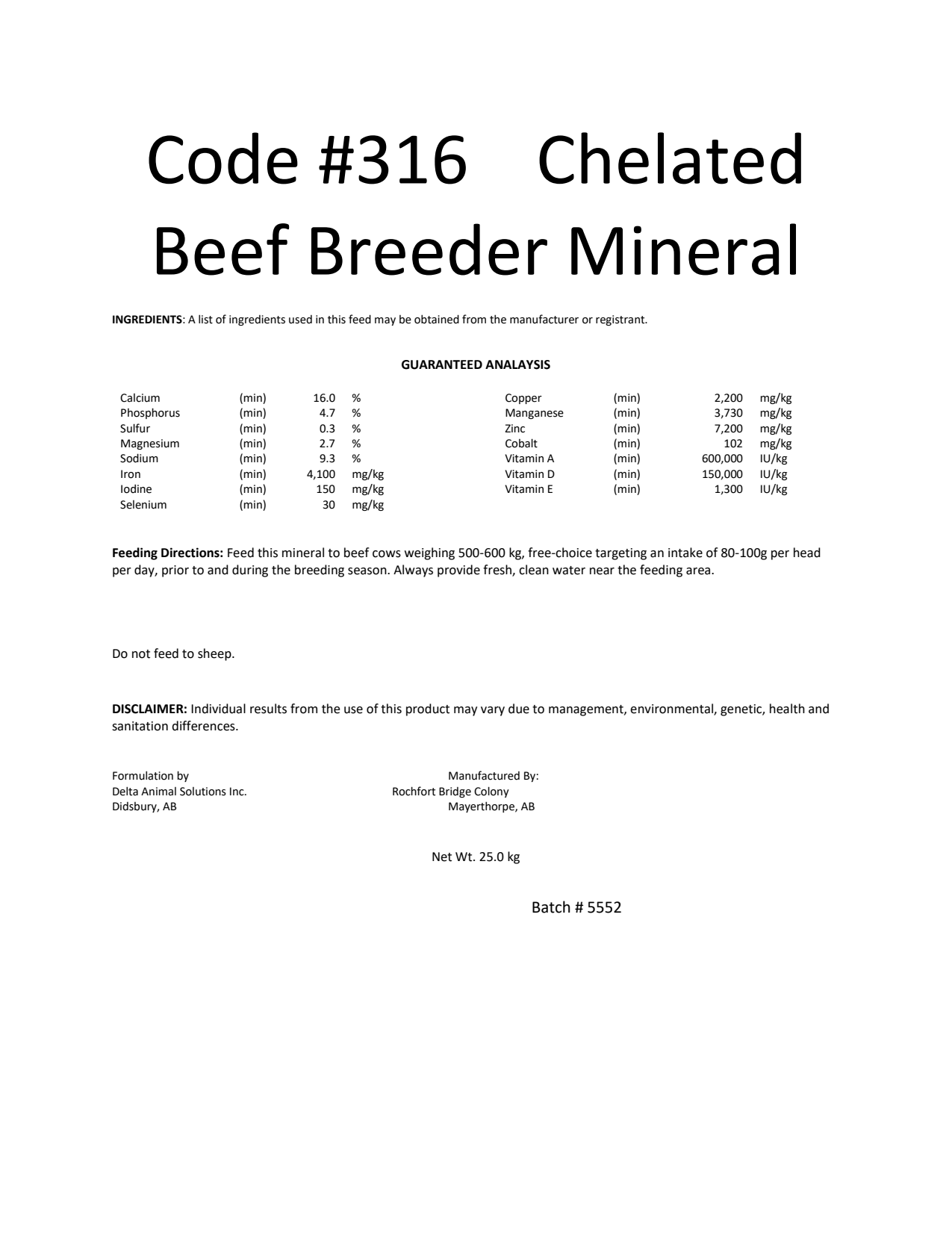 Code #316 Chelated Beef Breeder Mineral