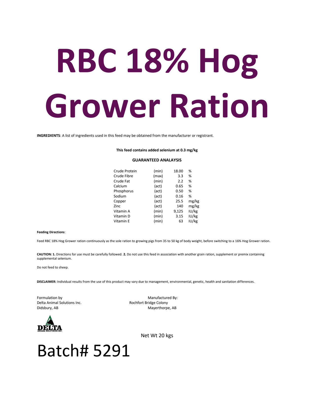 RBC 18% Hog Grower Ration