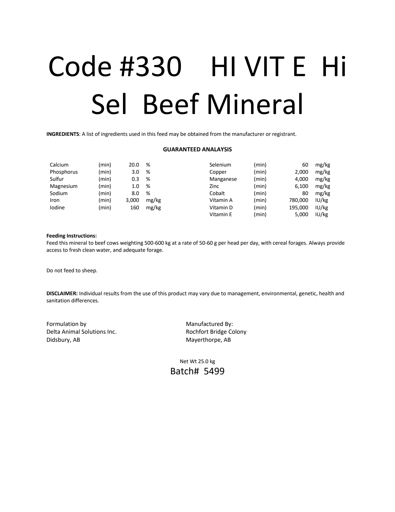 Code #330 HI VIT E Hi Sel Beef Mineral